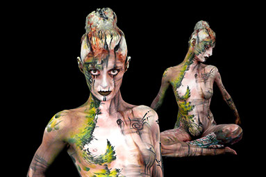 bodypainting d'art contemporain sur le theme de la nature realise pour l'inauguration et vernissage d'une galerie d'art. Paris, ile de france